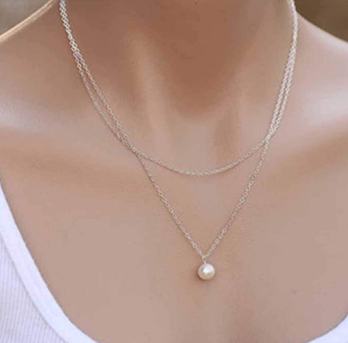 ITS New Alloy Elegant Double Layer Silver Color Chain Imitation 8mm Pearl Pendant Necklace for Women