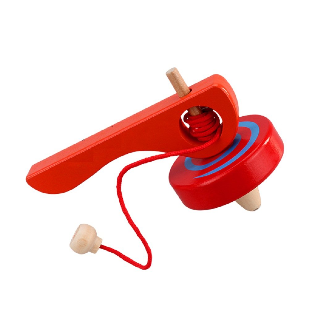 FQStech Wooden Spinning Top Gyroscope peg-top with Handle and Pull String Wire,can Last Long time, Color Random