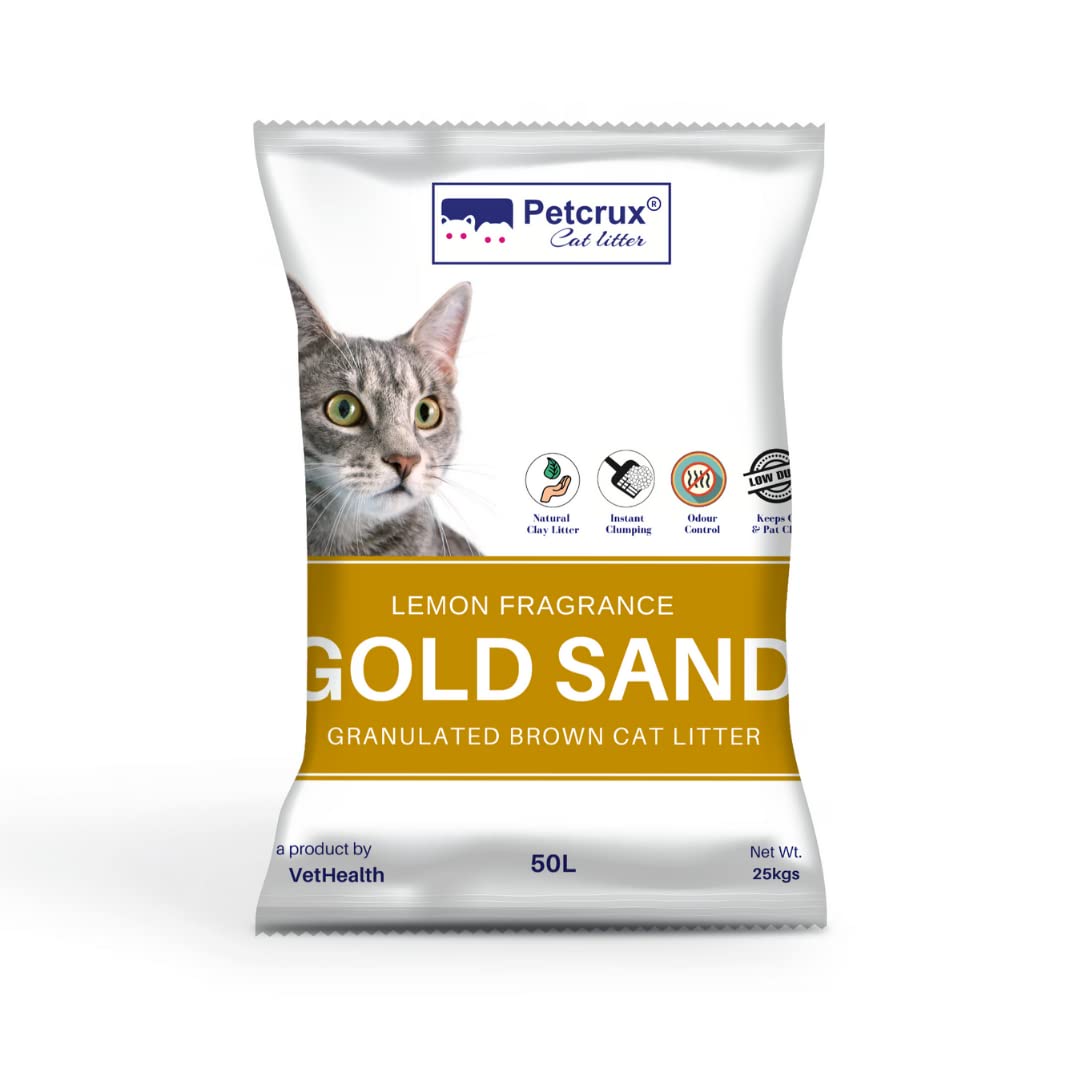 Petcrux Exclusive Cat Litter Bentonite Gold Sand Easy Clump, Dust Free & Scoopable, Granulated Brown Clay Litter Lemon Fragrance (Money Saver Pack - 25kg)