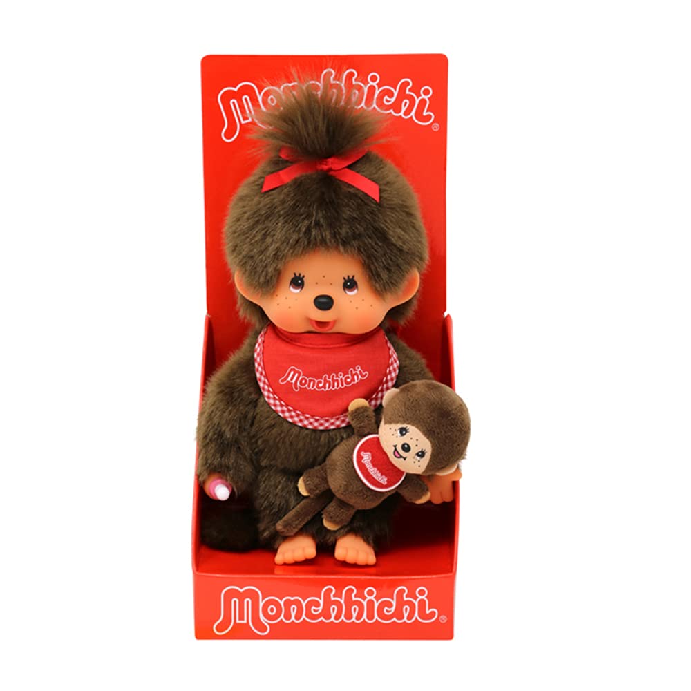 Sekiguchi 242184 Original Monchhichi Girl with Mini Monchhichi, Plush Toy with Red Bib and Bow in Hair, Approx. 20 cm Large Cuddly Toy Made of Brown Plush