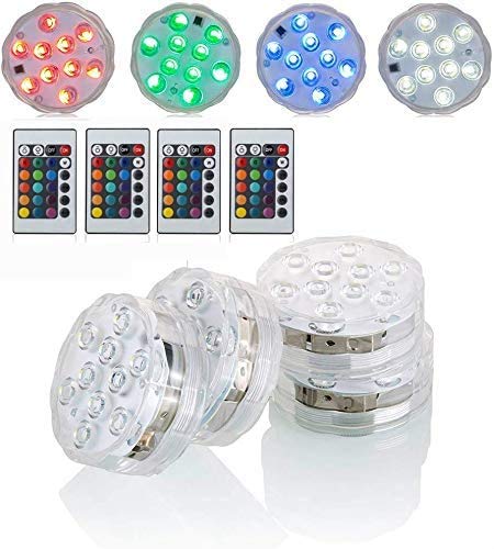 Submersible Led Lights with Remote Pond Lights Battery Powered10 RGB LEDs 16 Colors Change Waterproof Led Lights for Wedding Party Aquarium Base Hot Tub Fish Tank Hookah Tank Halloween (4 Pack)