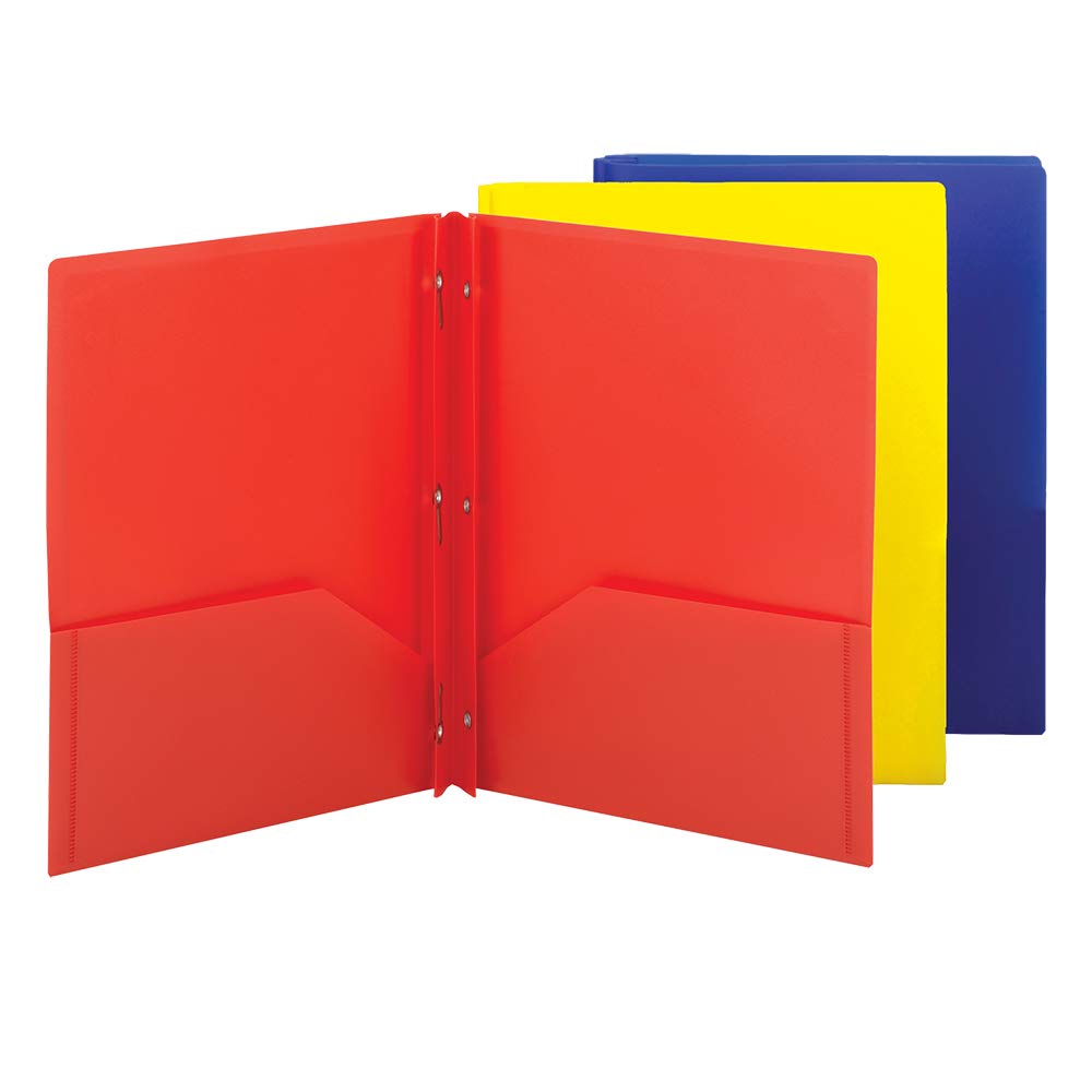 Smead Poly Two-Pocket Folder, Three-hole Punch Fasteners, Letter Size, Assorted Colors: Red, Blue, Yellow, 3 per Pack (87738)