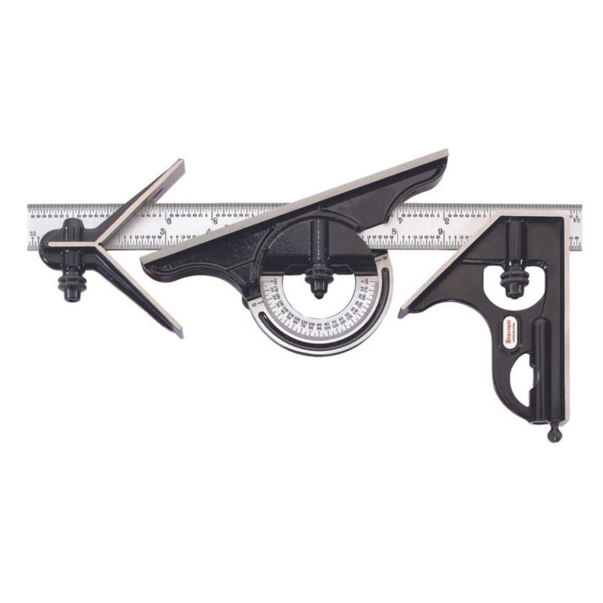 StarrettCombination Set with Square, Center and Reversible Protractor Head and Blade - 12" Blade Length, Cast Iron Heads, Hardened Steel, 4R Graduation Type - C435-12-4R