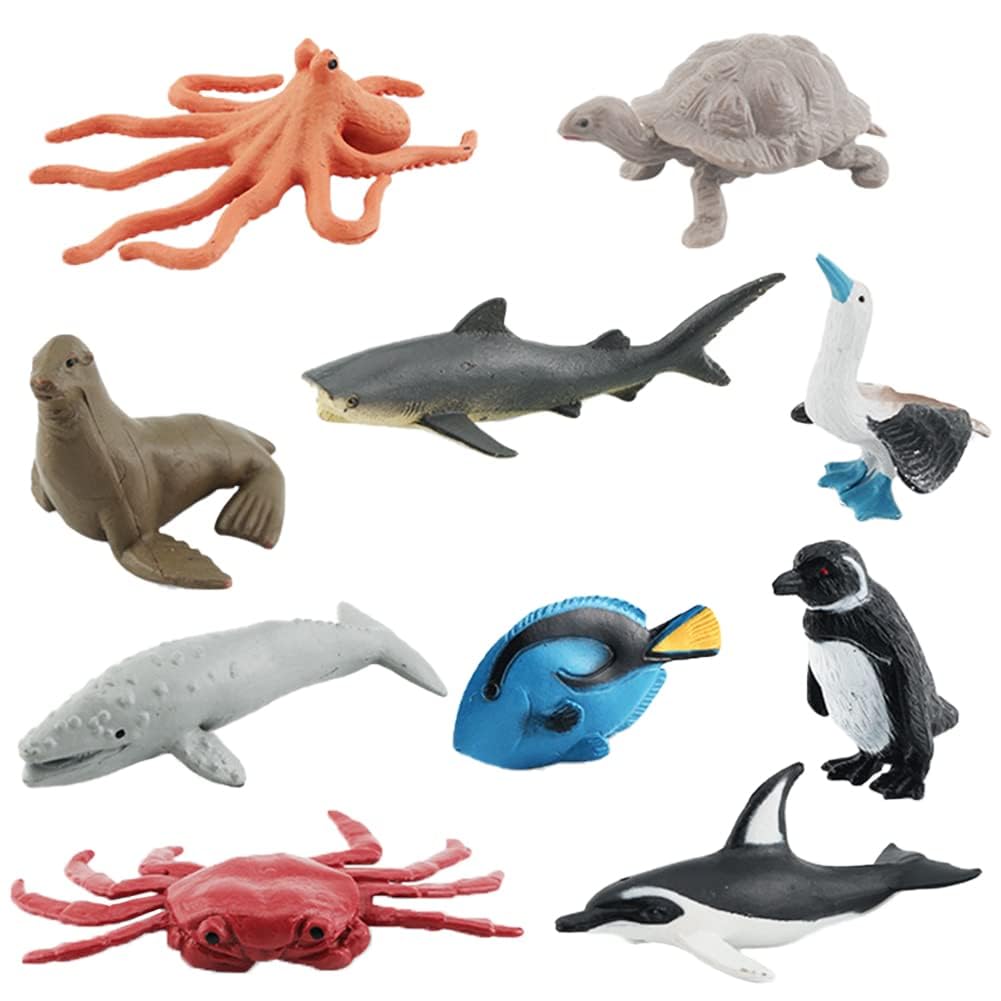 Excefore Ocean Sea Marine Animal Figure Toys Playsets, 10 Pcs Mini Penguin Octopus Shark Crab Dolphin Gray Whale Sea Lion Model Toy Desktop Decoration Collection Party Favors Toys for Boys Girls Kids