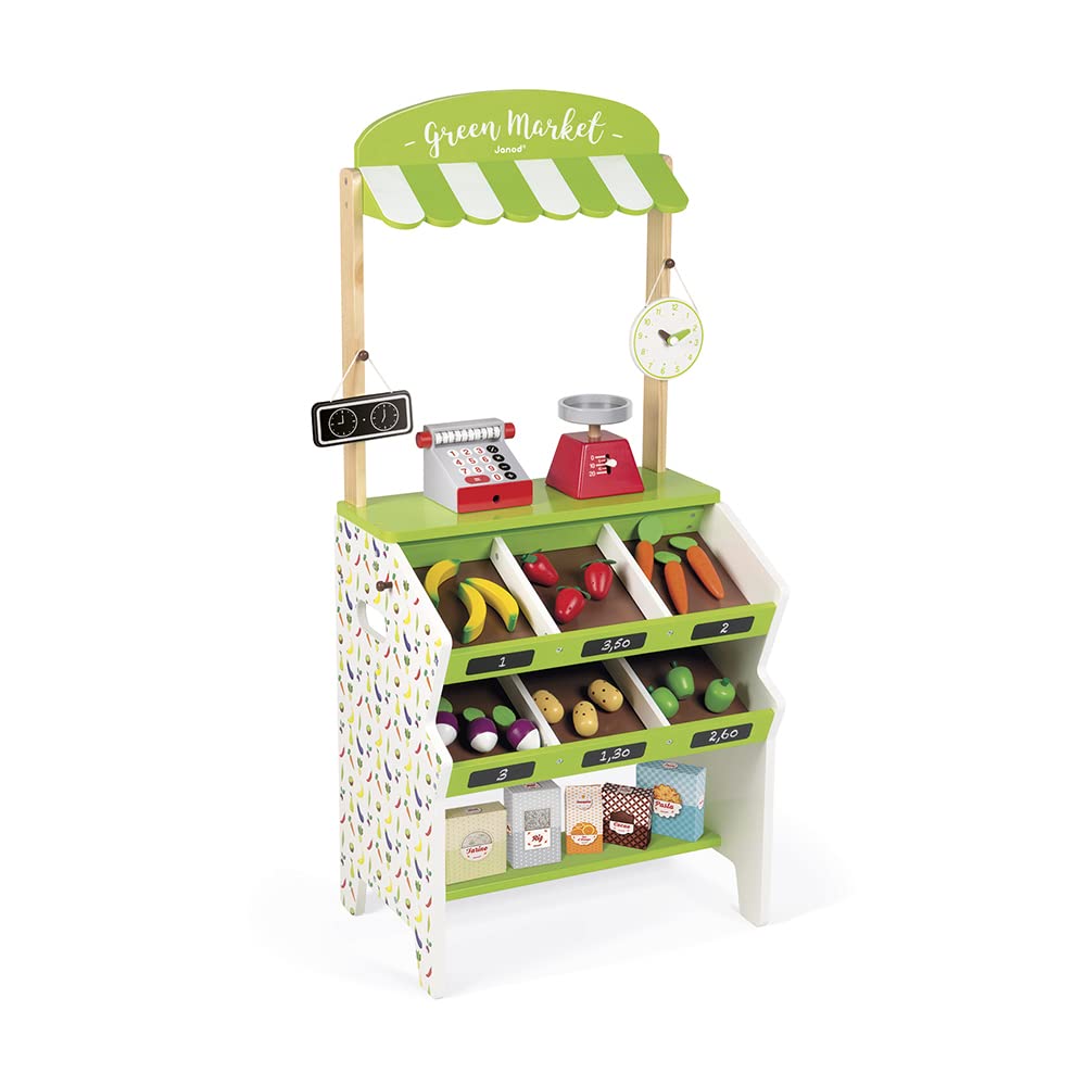 Janod - Green Market Wooden Grocery for Children - 32 Accessories Included - Shopping Pretent Play Toy - For children from the Age of 3, J06574, Green and White