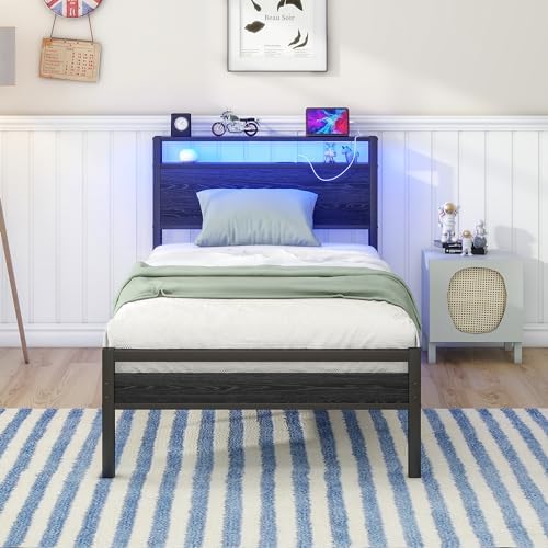 HOJINLINERO Twin Bed Frame with Storage Headboard/LED Lights,Metal Bed Frame Twin Size with Charging Station,Twin Platform Bed Frame No Box Spring Needed,Beds Base,Heavy Duty Metal Slats Support,Black