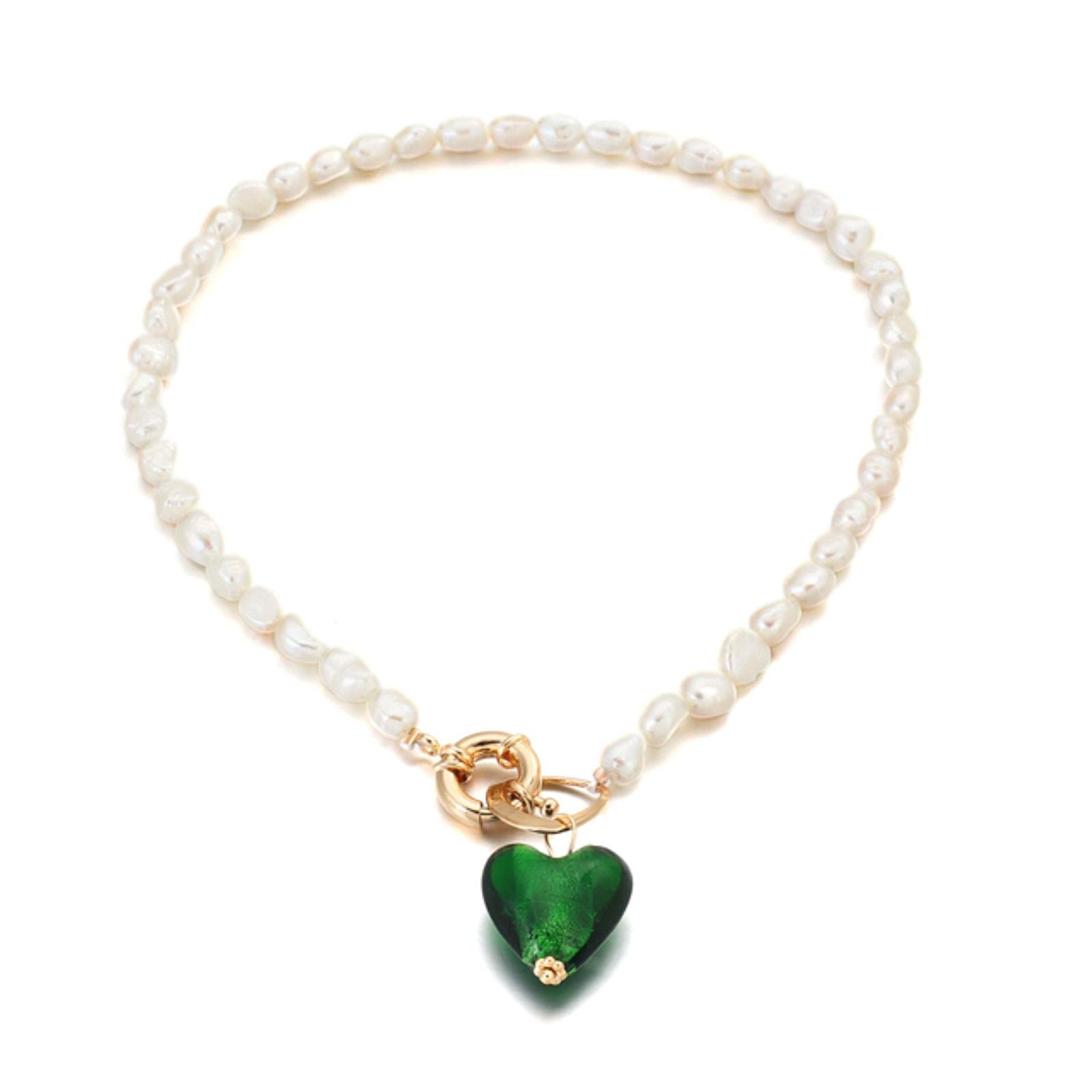 SONGK Freshwater Pearl Chain Necklace for Women Vintage Green Heart Pendant Choker Necklaces Jewelry Accessories