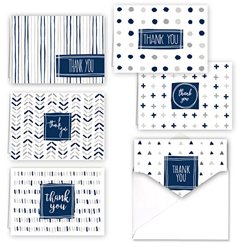 Navy Patterns Thank You Folded Assortment Card Pack - Set Of 36 Cards, 6 Designs - 6 Cards Per Design, 4 7/8 X 3 1/2. Blank Inside. Made In The Usa. Blank White Envelopes Included.