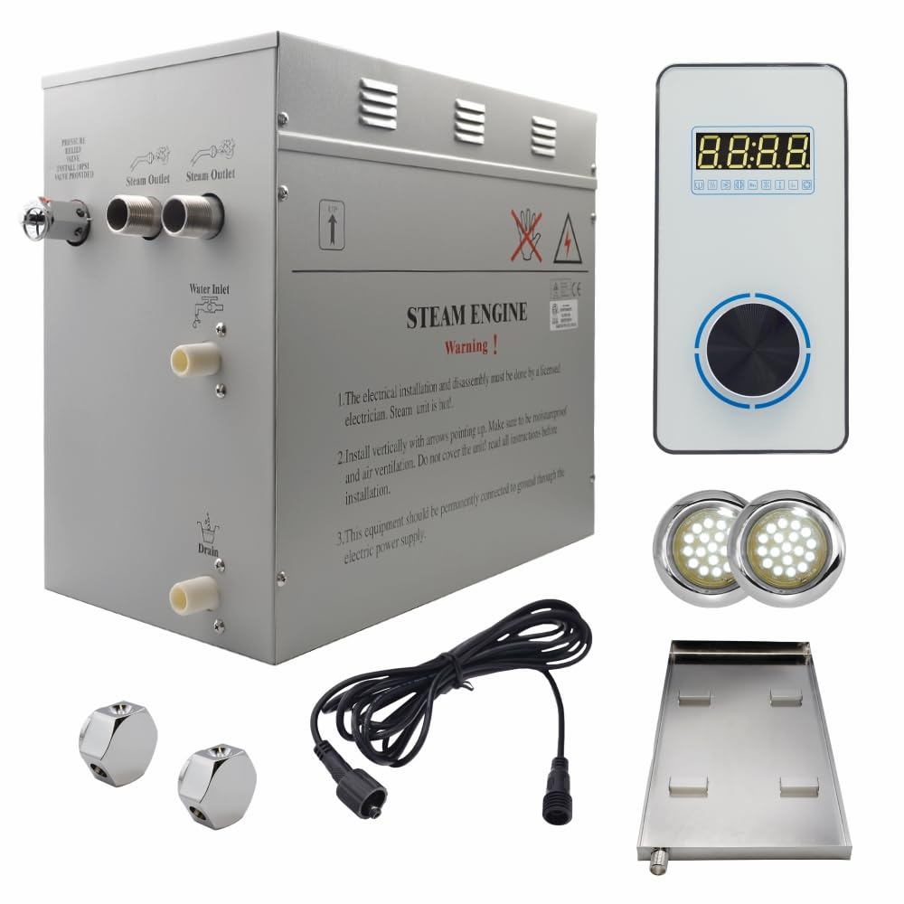 Superior Encore 12 kW Steam Shower Generator Kit with Vertical White Keypad, Drip Pan & White Lights | Self-Draining Steam Bath Generator | One-click Connection Cord | Aromatherapy |