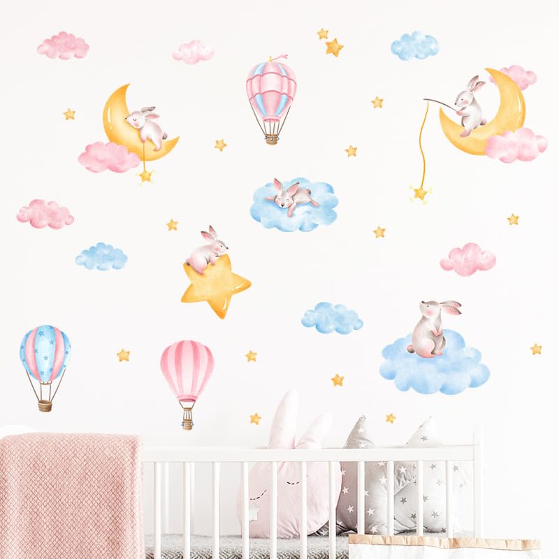 Hugewth Colorful Cloud Rabbit Wall Sticker Moon and Star Wall Decor Hot Air Balloon Wall Decals Vinyl Wall Art Decal for for Baby Room Bedroom Living Room Nursery Kindergarten Decorations