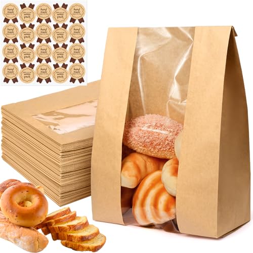 Paper Bread Bags - 30 Pack - Homemade Bread Storage Bags with Clear Window Includes Label Seal Stickers -Bakery Packaging Bags for Cookies, Bread, and Treats - Large Kraft 13.7x8.2x3.5inch Natural