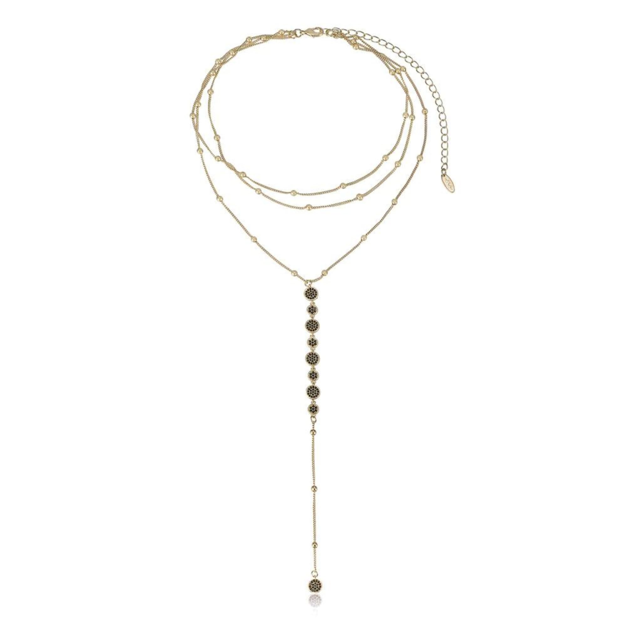 EttikaBali Dreams Three Row Layered Necklace. Fashion Jewelry for Women 11-15 Inches Crystal Lariat Necklace, Black and 18k Gold Plated or Rhodium