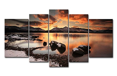 Canvas Print Wall Art Picture For Home Decor Mountain Lake Winter Evening Rock Ice Beach Snow 5 Pieces Panel Pictures Stretched And Framed Artwork Oil The Decoration Landscape Photo Prints