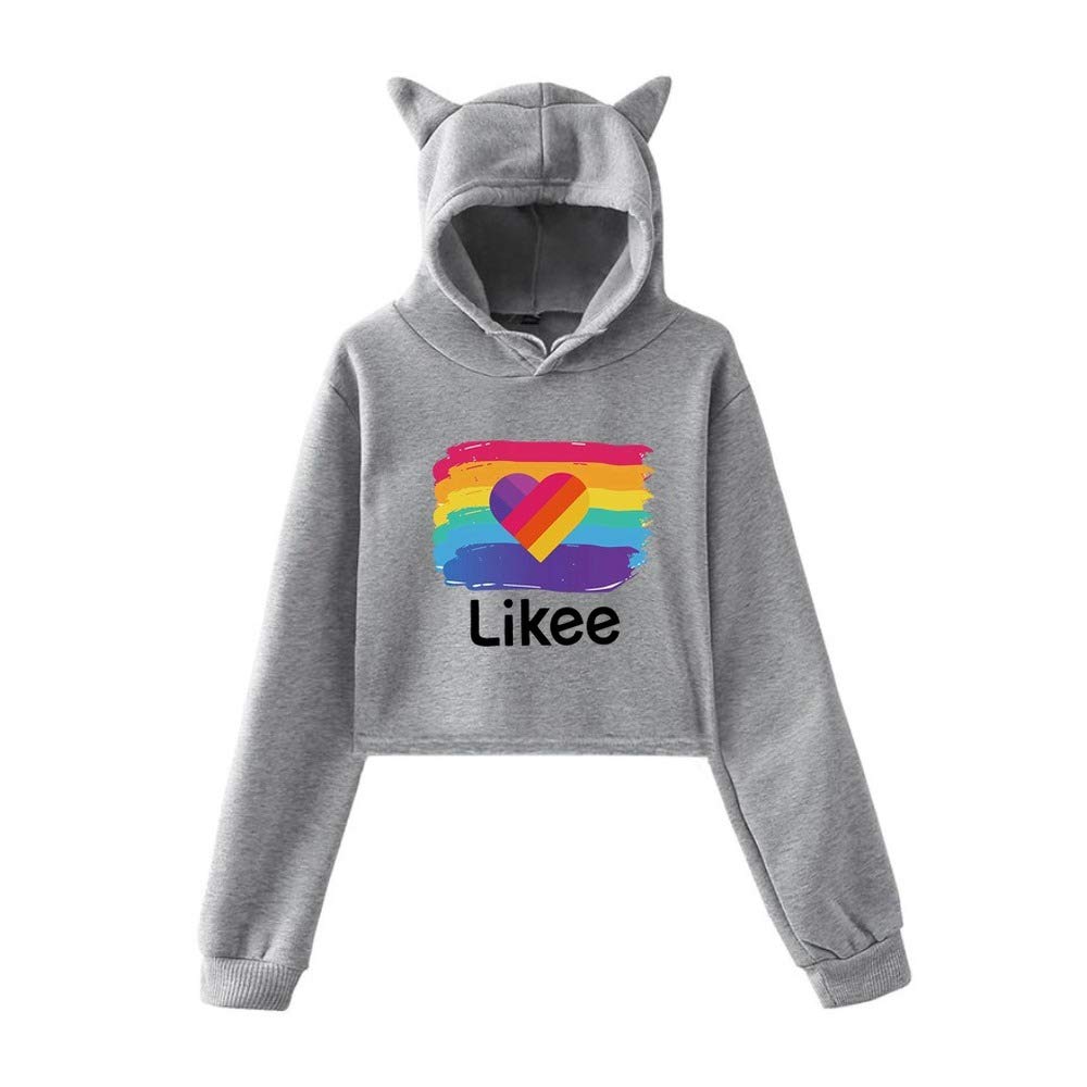 Cat Ear Pink Likee App LIKEE Hoodies Women Cat Crop Top Hoodie Female Rainbow Sweatshirt Trendy Streetwear Hip Hop (Gray5,XL)