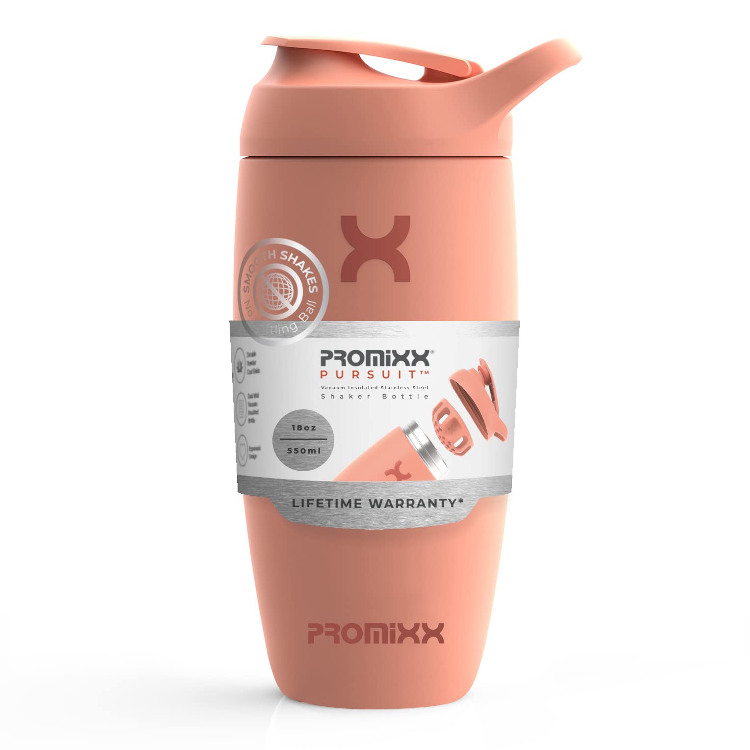 Promixx Pursuit Shaker Bottle Insulated Stainless Steel Water Bottle and Blender Cup, 550ml, Coral