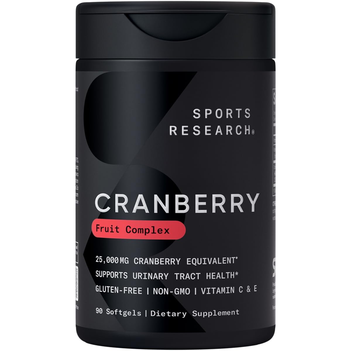 Sports ResearchCranberry Fruit Complex Supplement - Softgels for Urinary Tract Health Support - Equal to 25,000mg of Cranberries, Made with Pacran & Vitamins C & E - Non-GMO & Gluten Free - 90 Count