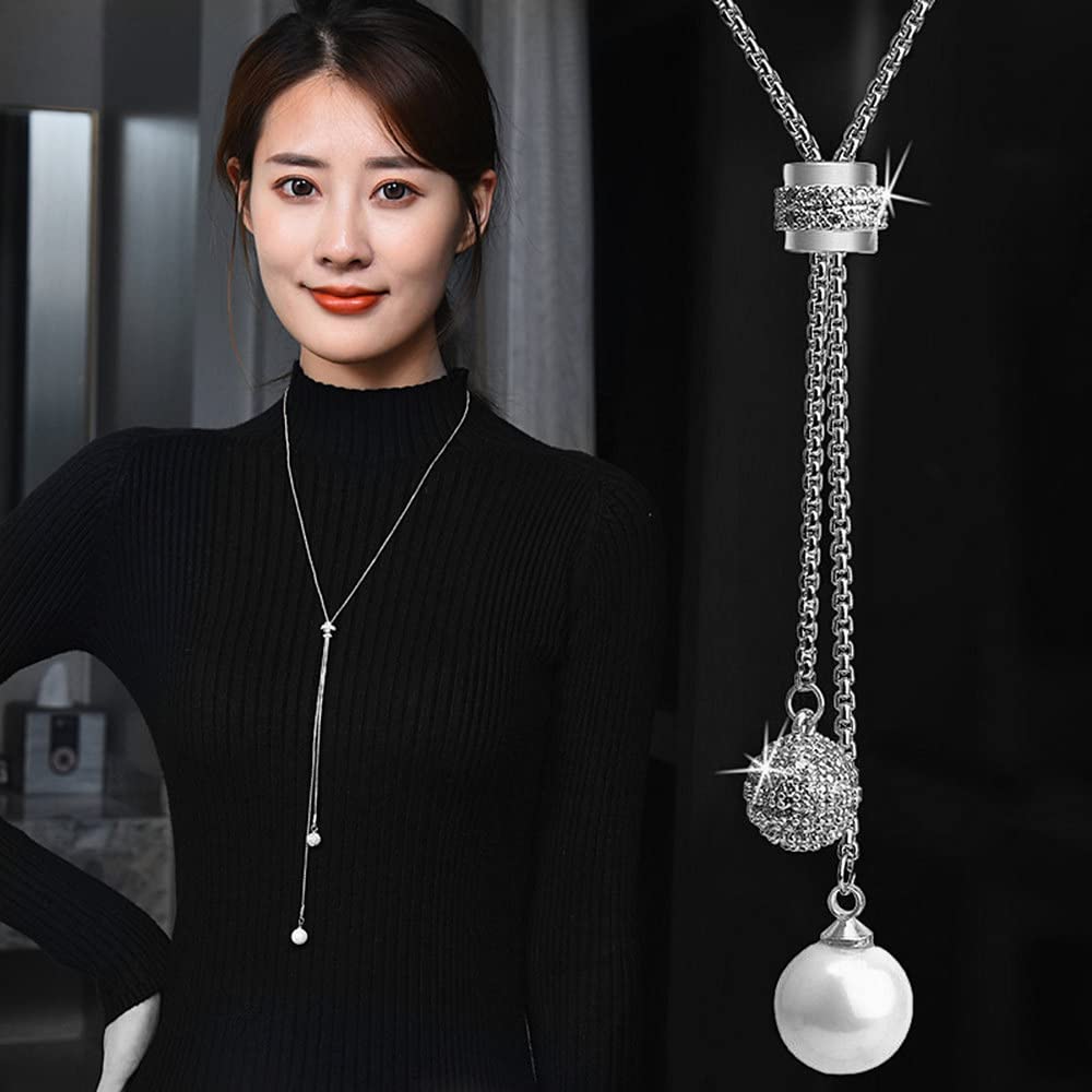 Sither Pearls Tassel Necklace for Women Long Pearls Necklace Sweater Chain Necklace Wedding Dressy Necklace Jewelry for Winter Evening Party Christmas Gift (silver)