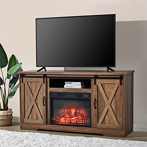 AMERLIFE Fireplace TV Stand with Sliding Barn Door for TVs up to 65", Farmhouse 59" Fireplace Entertainment Center with Storage Cabinets/Adjustable Shelves, Barnwood