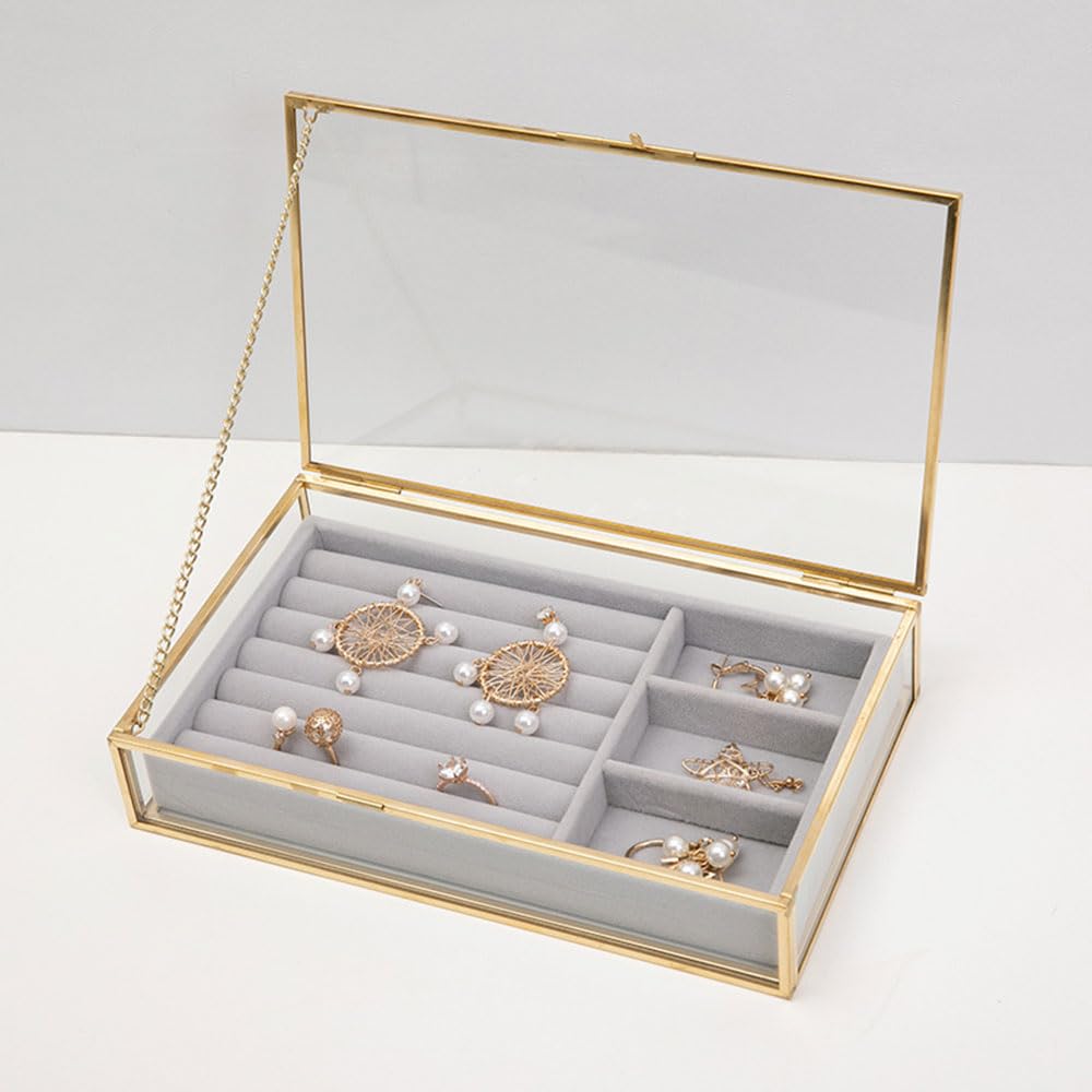 IEWGlass Jewelry Box, Transparent Jewellery Organizer with Velvet Display Tray, Golden Lace Edge Jewelry Storage Box with Lid, Stackable Clear Ornaments Display Rack for Necklaces Earrings Finger Rings