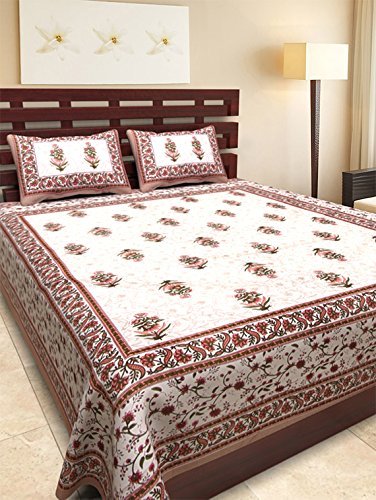 ART WORLD Queen Size Double Bed Sheet with Pillow Covers Pure Cotton Traditional Printed Bedcover (Brown, Queen)