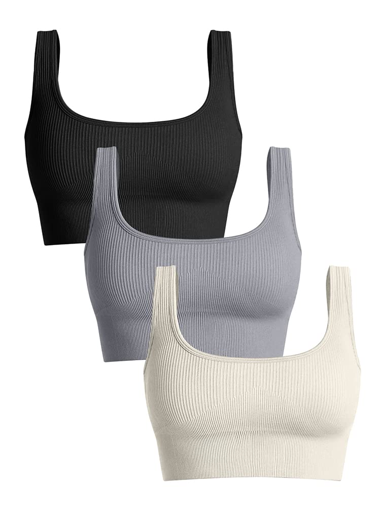 OQQWomen's 3 Piece Medium Support Tank Top Ribbed Seamless Removable Cups Workout Exercise Sport Bra