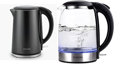 COSORI Electric Kettle Stainless Steel With Double Wall, 1.5L Wide-Open Lid Electric Tea Kettle, Black & Electric Kettle 1.7L, 1500W Wide Opening Glass Tea Kettle & Hot Water Boiler, Black