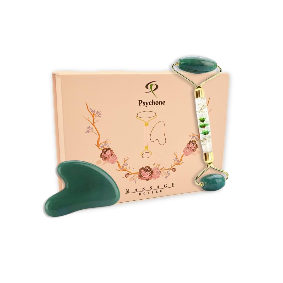 Psychone Jade Roller & Gua Sha Set, Face Roller Skin Care Tools, Natural Jade Stone Roller, Face Massager Beauty Roller for Face & Body | Relieve Wrinkles and Firm the Skin | Noiseless Design(GREEN)