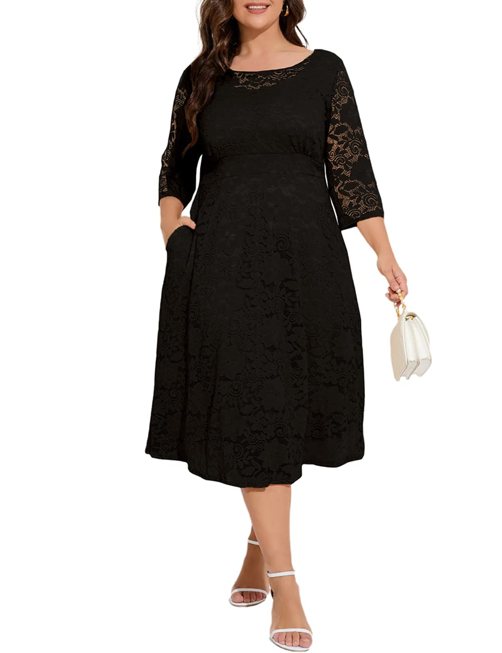 LradyWomen Plus Size Floral Lace 3/4 Sleeve Party Wedding Cocktail Swing Midi Dress with Pockets