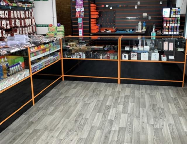 MAGIC KITCHENS SHOP DISPLAY COUNTERS BLACK ORANGE GLASS SHELVES RETAIL STAND SHOP FITTINGS x 5 UNITS SHOP COUNTER