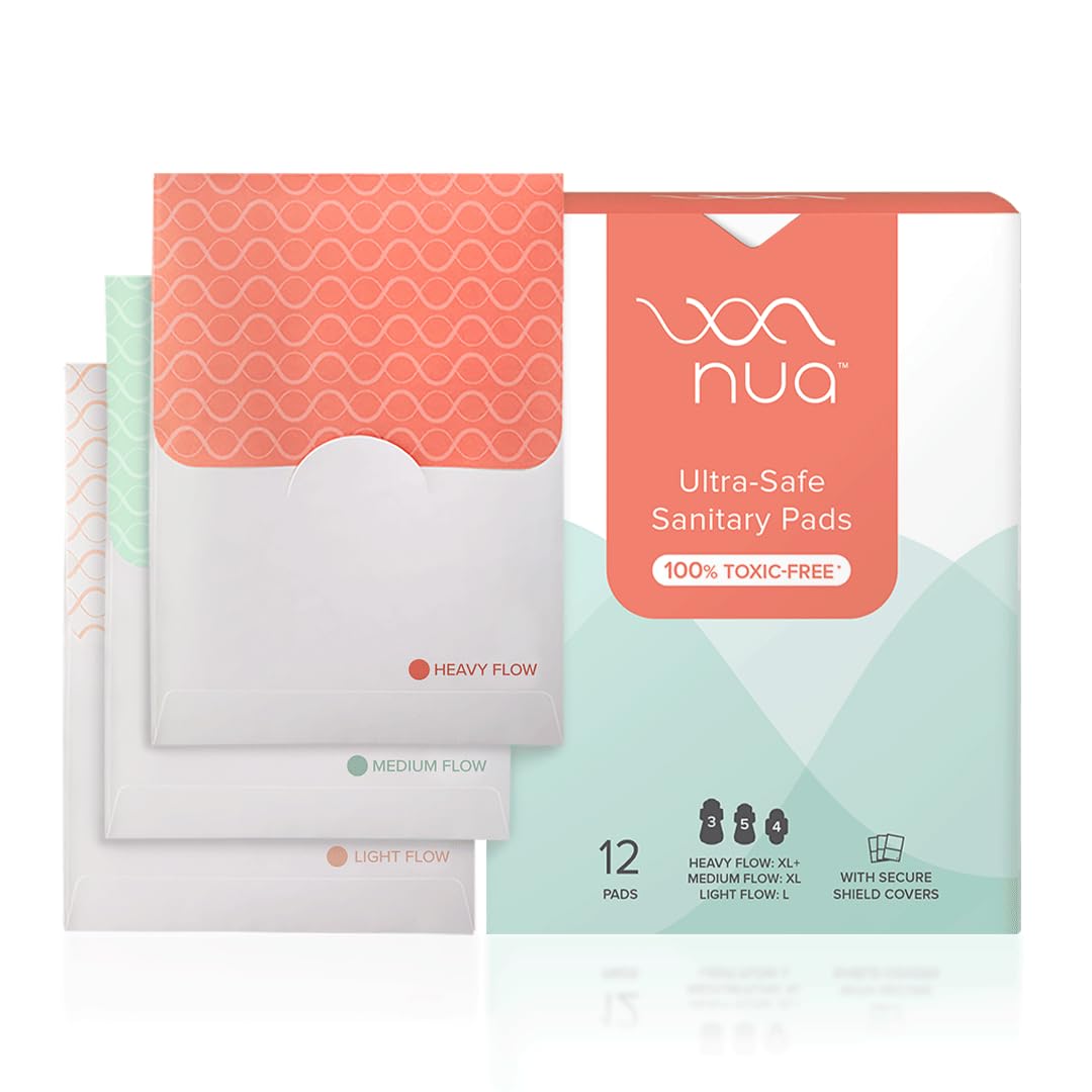 Nua Ultra-Safe 12 Sanitary Pads For Women | 3 sizes in 1: 3 Heavy Flow-XL+, 5 Medium-XL & 4 Light-L | Safe on Skin | Toxic-Free & Rash-Free | Unscented | Leakproof | With 12 Secure Shield Covers