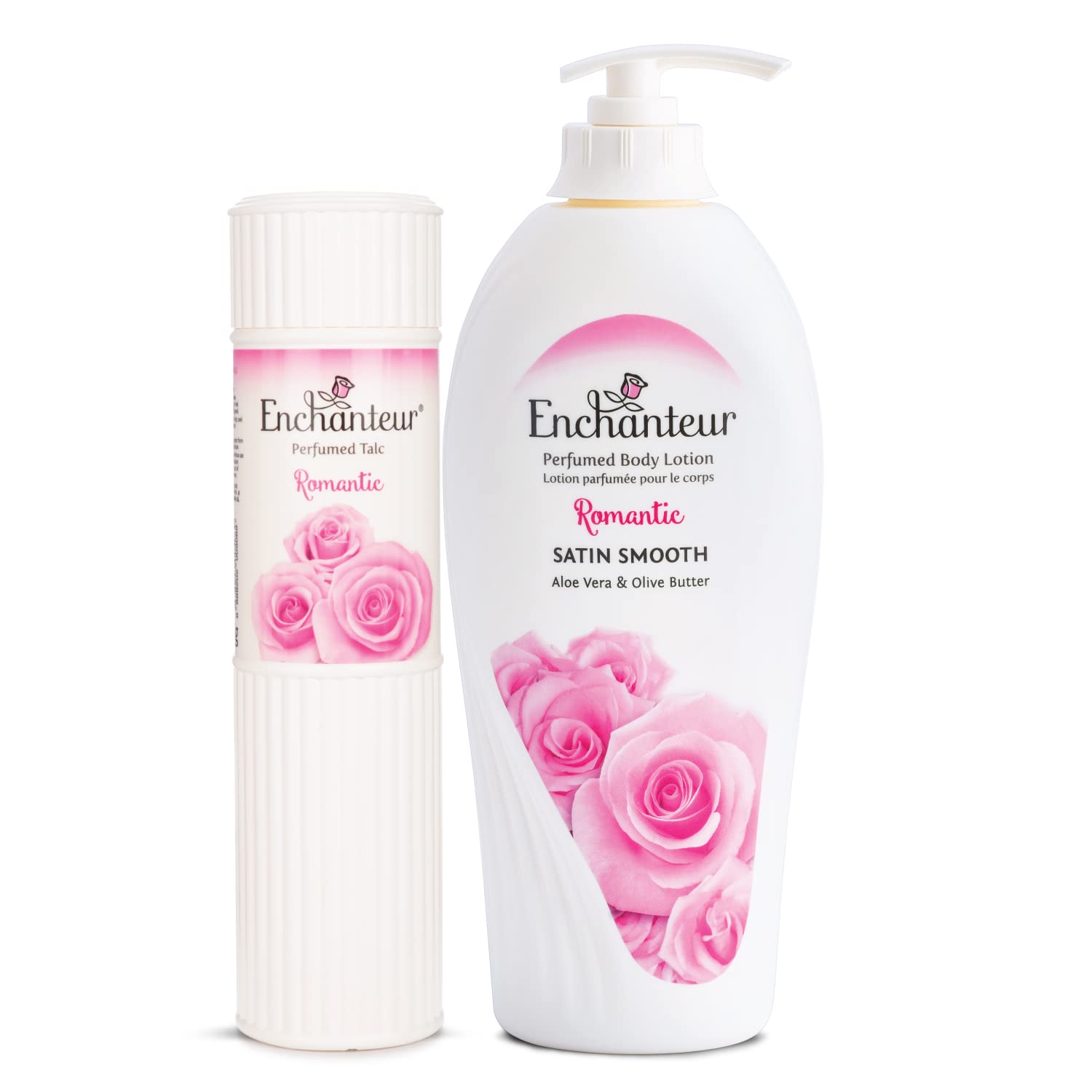 Enchanteur Romantic Perfumed Talc for Women, 250g & Enchanteur Romantic Perfumed Body Lotion, 500ml, with Aloe Vera & Olive Butter for Silky Smooth Skin