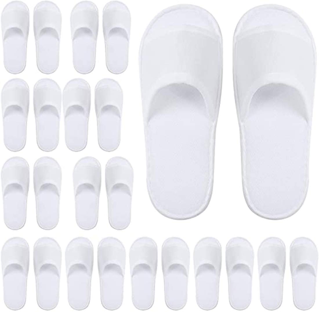 DELFINOSpa Slippers, Open Toe Slippers, Washable, Disposable, Fluffy Guests Slippers for Home, Hotel Use, Spa, Party Guest, Hotel and Travel, Fits Most Men and Women - 12 Pairs - White