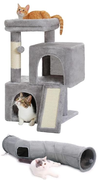 PAWZ RoadCat Tree, 30 Inches Cat Tower Bundle with PAWZ Road Cat Tunnel Collapsible S Shape 10.5 Inches in Diameter