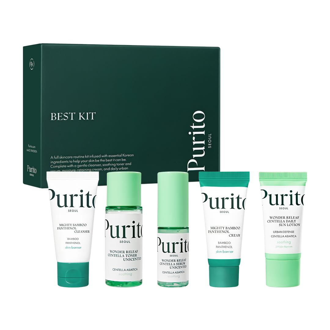 PURITOSEOUL Best Kit - Skincare Routine with Panthenol Cleanser & Cream, Unscented Centella Serum & Toner, For All Skin Types, Gift Set, For Face, Facial Serum, K-Beauty, 3.52 fl. oz.