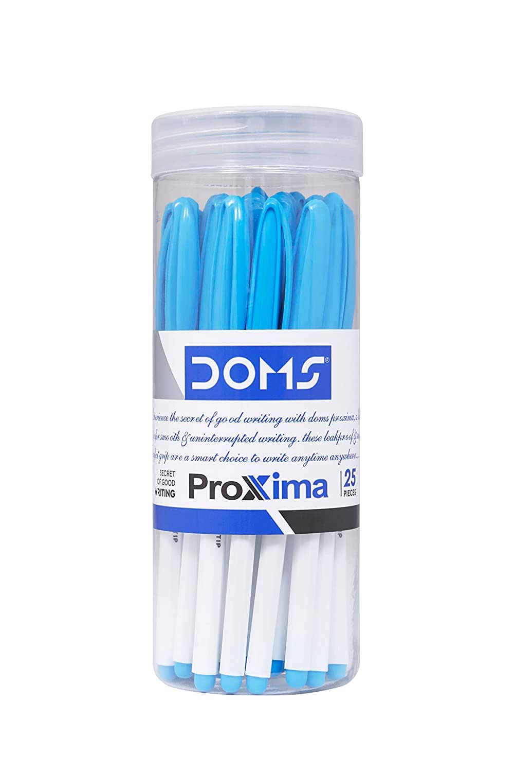 Doms Proxima Ball Pen Jar Pack | Fine Tip Ball Pen | Smooth Writing with Comfortable Grip | Lightweight & Simple Body Design | Blue Ink, 25 Pens Pack