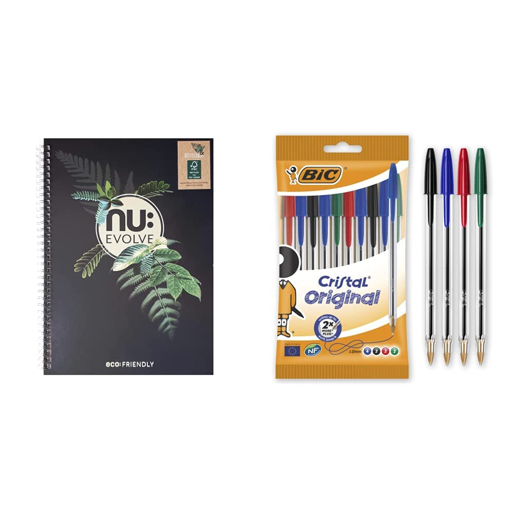 NU:Nu Notebooks - Evolve Range - Recycled Notebook - A4 Notebook - 120 Pages & BIC Cristal Original Ballpoint Pens, Every-Day Biro Pens, Fine Point (1.0mm) Pack of 10