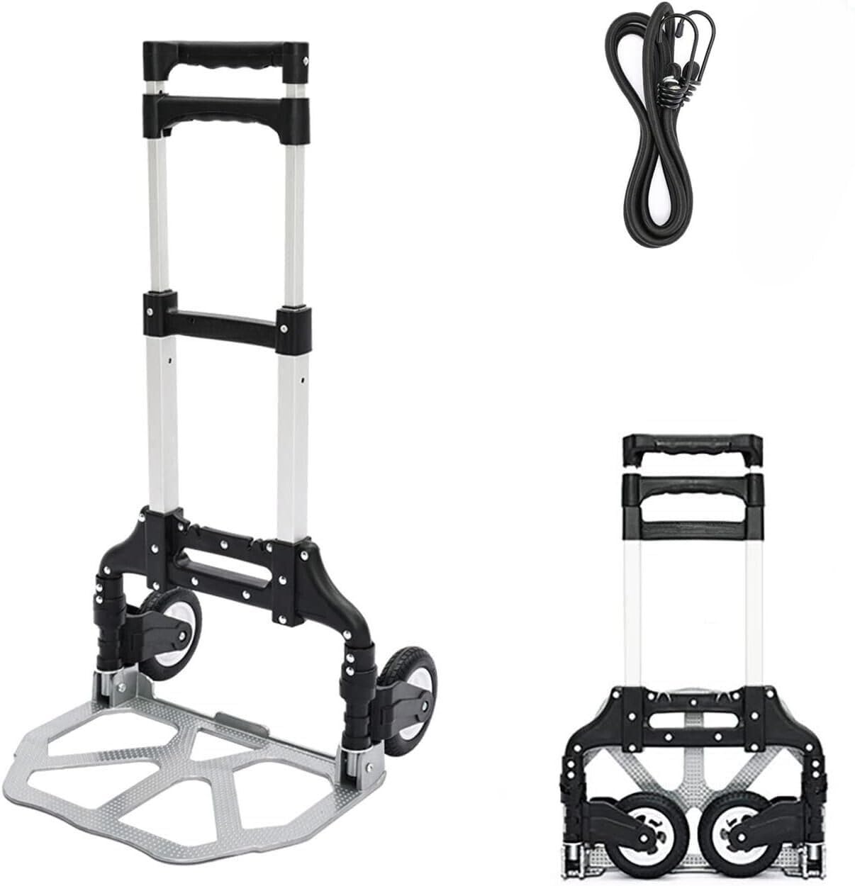 UNICASA™ Folding Hand Truck and Personal Dolly, 165lbs Capacity Aluminium Portable Folding Hand Cart with Rubber Wheels and 1 Bungee Cord, Ideal for Home, Auto, Moving, Office, Travel