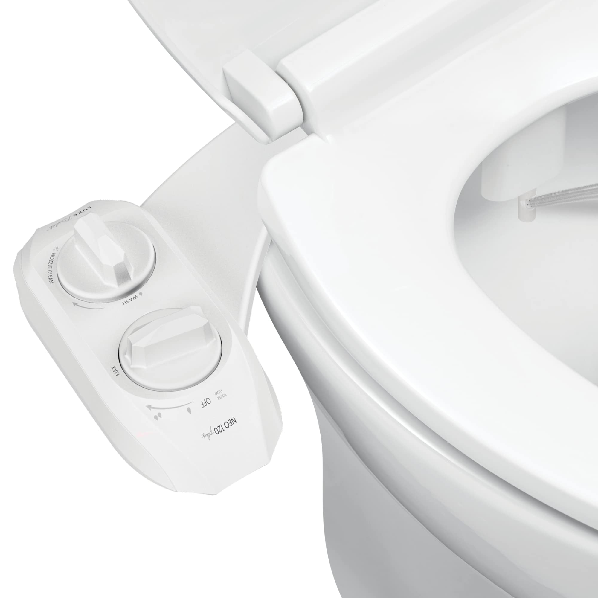 Luxe Bidet NEO 120 Plus - Only Patented Bidet Attachment for Toilet Seat, Innovative Hinges to Clean, Slide-in Easy Install, Advanced 360° Self-Clean, Single Nozzle, Rear Wash (White)