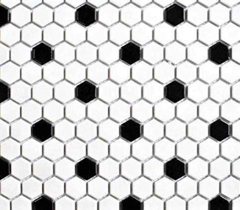 Squarefeet DepotRetro Hexagon Porcelain Mosaic Floor and Wall Tile, 10.25" x 11.75", White and Black Mixed