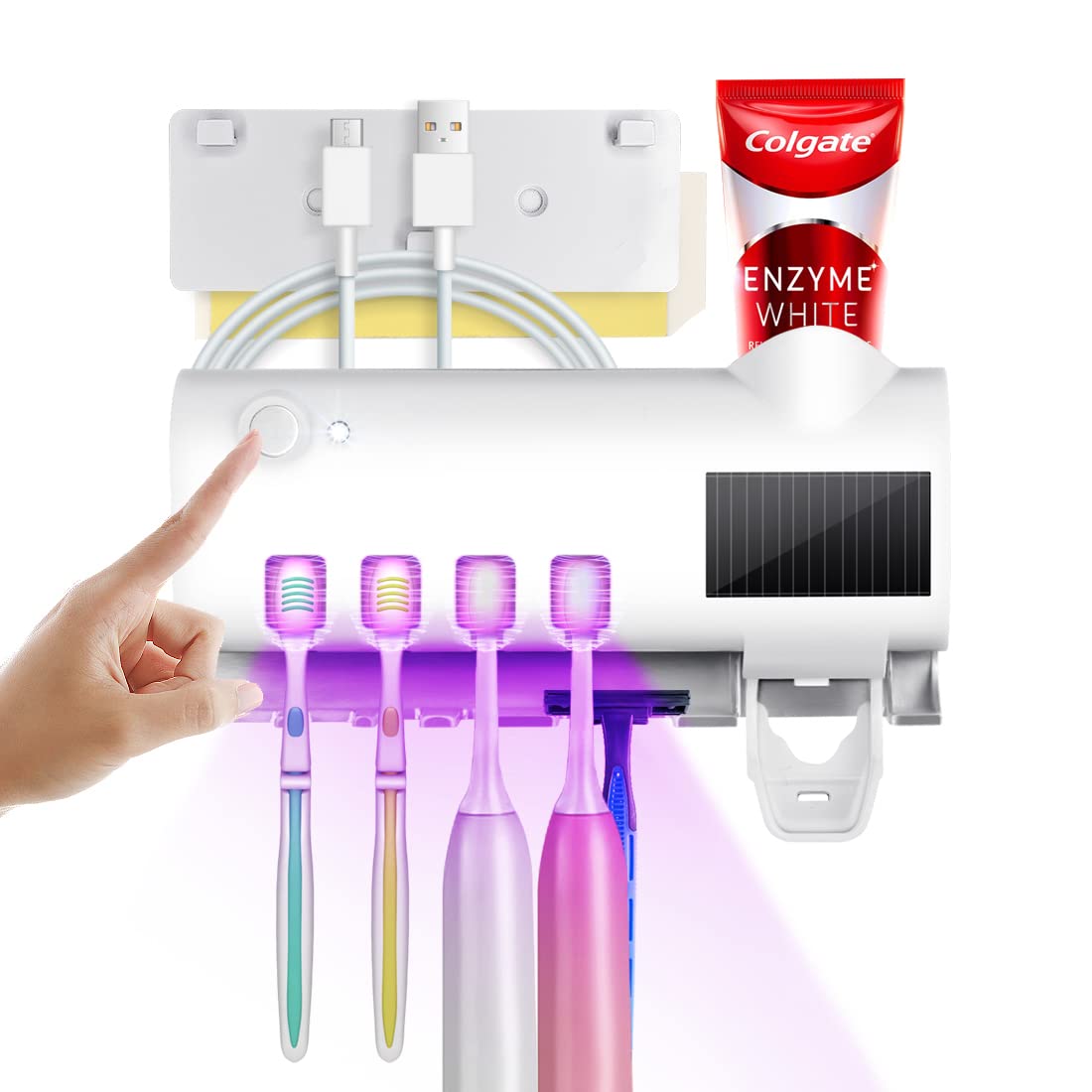 Toothbrush Sanitizer,Bathroom Toothbrush Holder Wall Mounted with UV Sterilizer Function UV Toothbrush Sanitizer with 4 Slots and 1 Automatic Toothpaste Dispenser for Baby Ladies Family 1