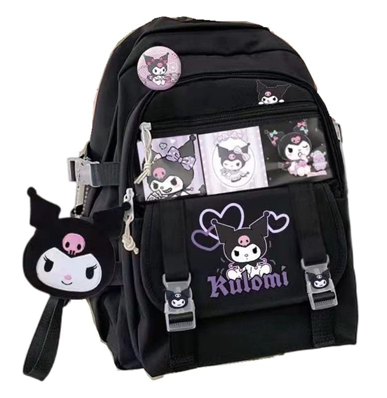 Ku-romi backpack school bag withe side pokect large suitable for boy girl ​hiking camping picnic, Black, Doll, Card, Badge, Large, School Bag