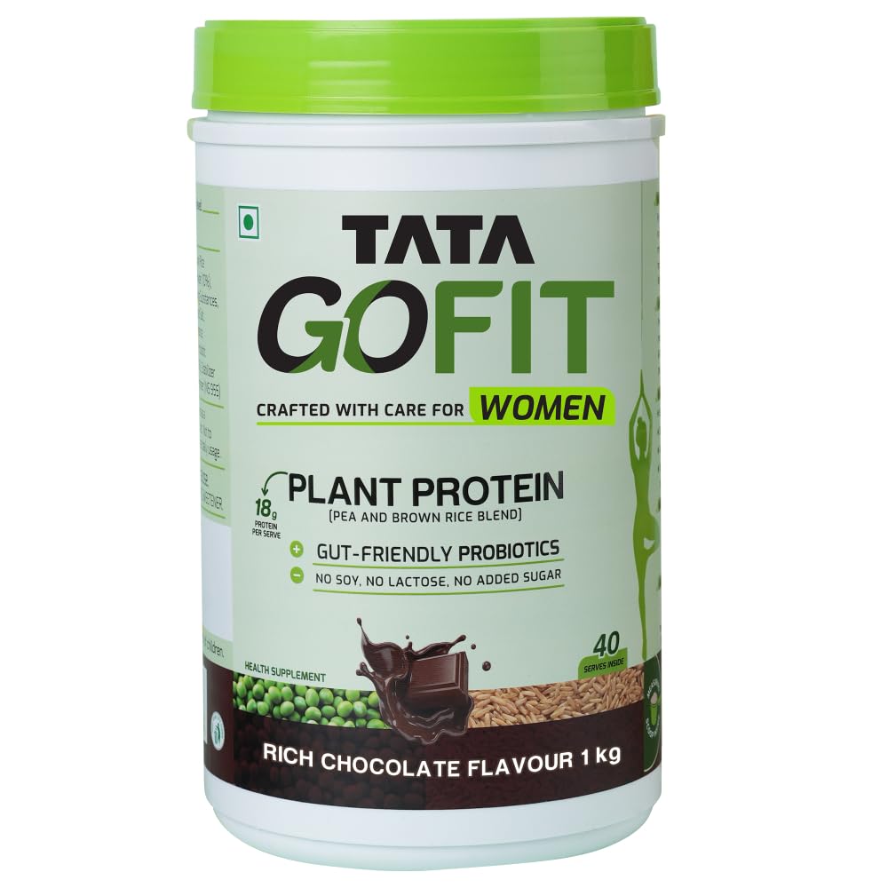 Tata GoFit Plant Protein Powder, Pea & Brown Rice Blend, 18g Protein, Rich Chocolate Flavour, 1kg (40 Serves), No Soy, No Lactose, No Added Sugar, Vegan