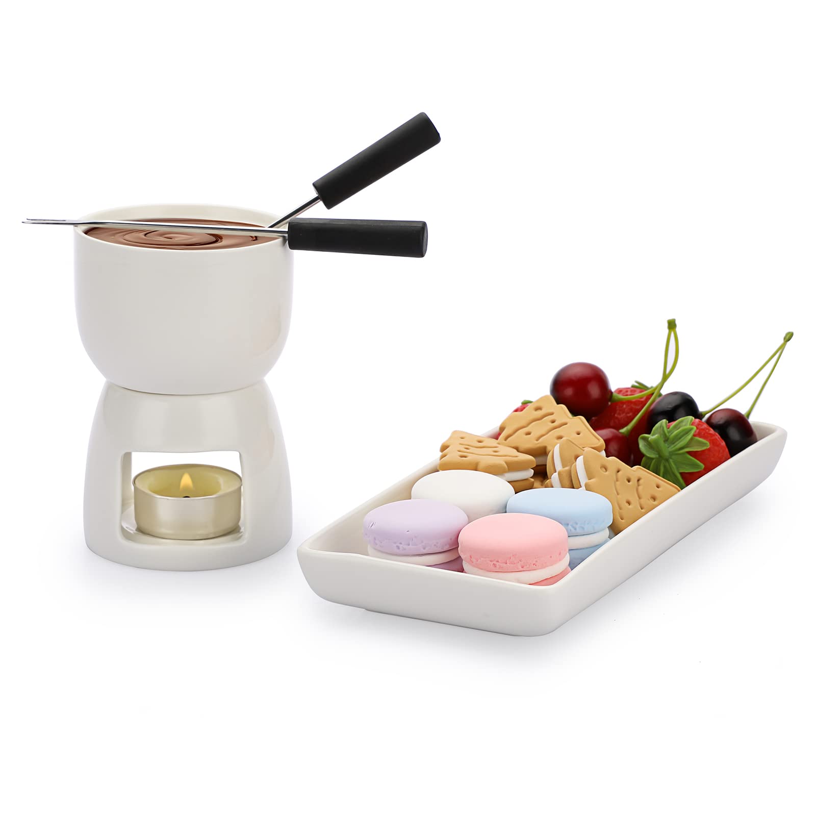 BSTKEY 150ML Ceramic Butter Warmer Set with Ceramic Rectangle Dish, Mini Fondue Pot Melting Pot Set, Melt Hot Pot Bowl Set For Cheese Chocolate Butter Caramel, with 2 Forks