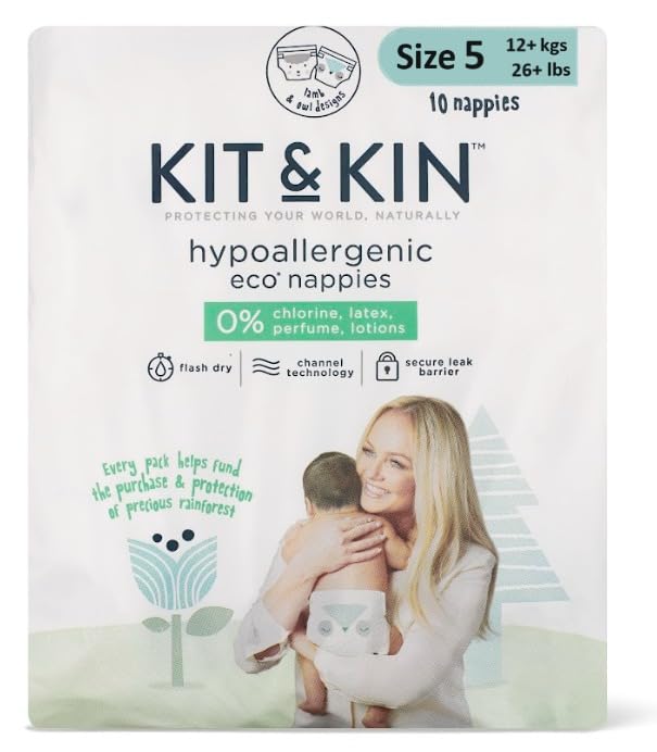 KIT & KIN Eco Friendly Premium UK Baby Diapers | Flash Dry Disposable Diapers, Leak Protection Hypoallergenic Diaper Size for Skin Protection Vegan Baby Diapers (Size 5 (11+kgs), Taped Diapers)