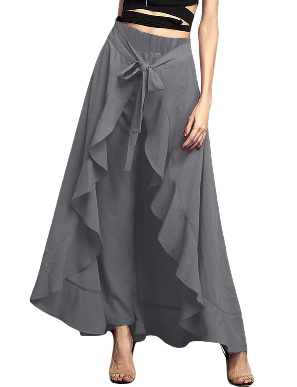 LradyWomen's Ruffle Plain Wide Leg Split Tie-Waist Maxi Long Palazzo Overlay Pant Skirts, Grey, M