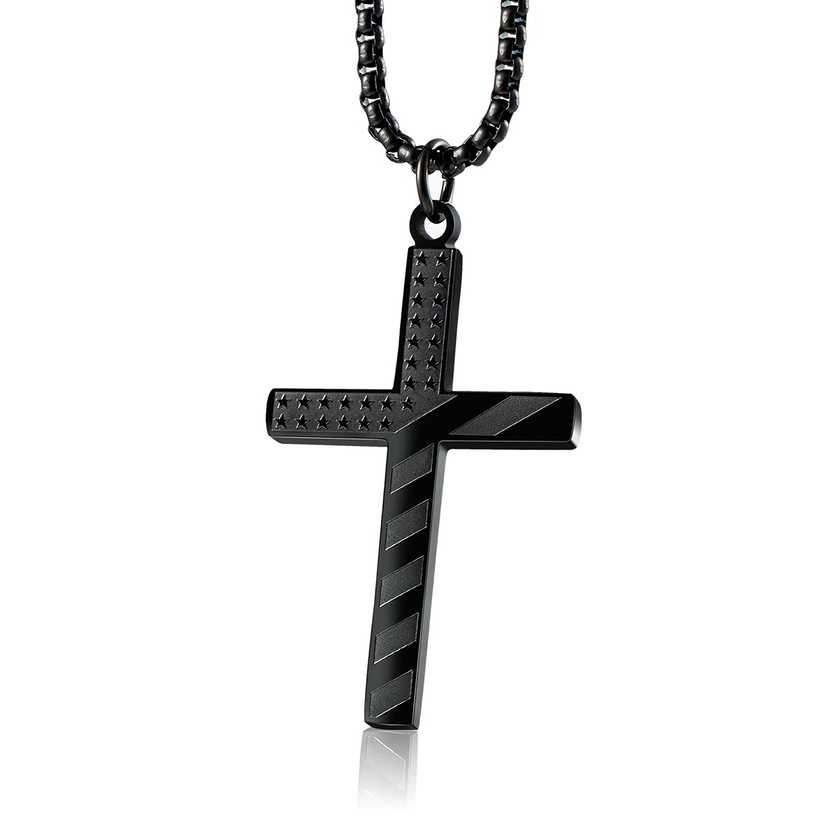 WolenttyStainless Steel American Flag Cross Necklace Engraved Religious Philippians 4:13 Pendant Jewelry for Men - Black