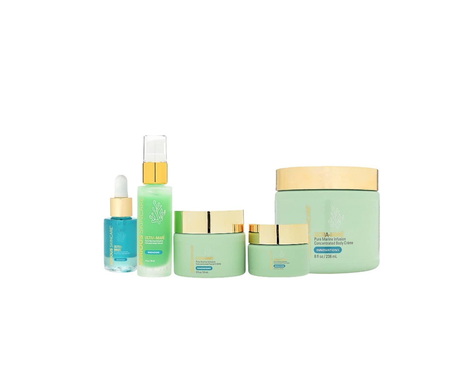 Serious Skincare Ultra-Mare Pure Marine Infusion 5 Piece Skin Care Set - Serum, Facial Moisture Crème, Eye Cream, Dual Renewal Oil & Body Crème - Anti-Aging - Firmer Skin - Algae and Plankton extracts