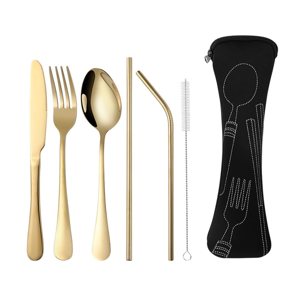 Dreneco 6 Pieces Flatware Set Include Knife, Fork, Spoon, Straws & Brush, Stainless Steel Cutlery Set with Organizer Bag for Traveling Camping Picnic Working Hiking (Gold with Black Bag)