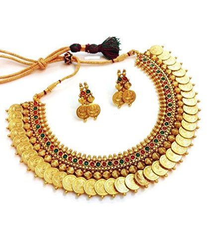 YouBellaTraditional Red and Green Temple coin Necklace Set/Jewellery Set with Earrings for Women