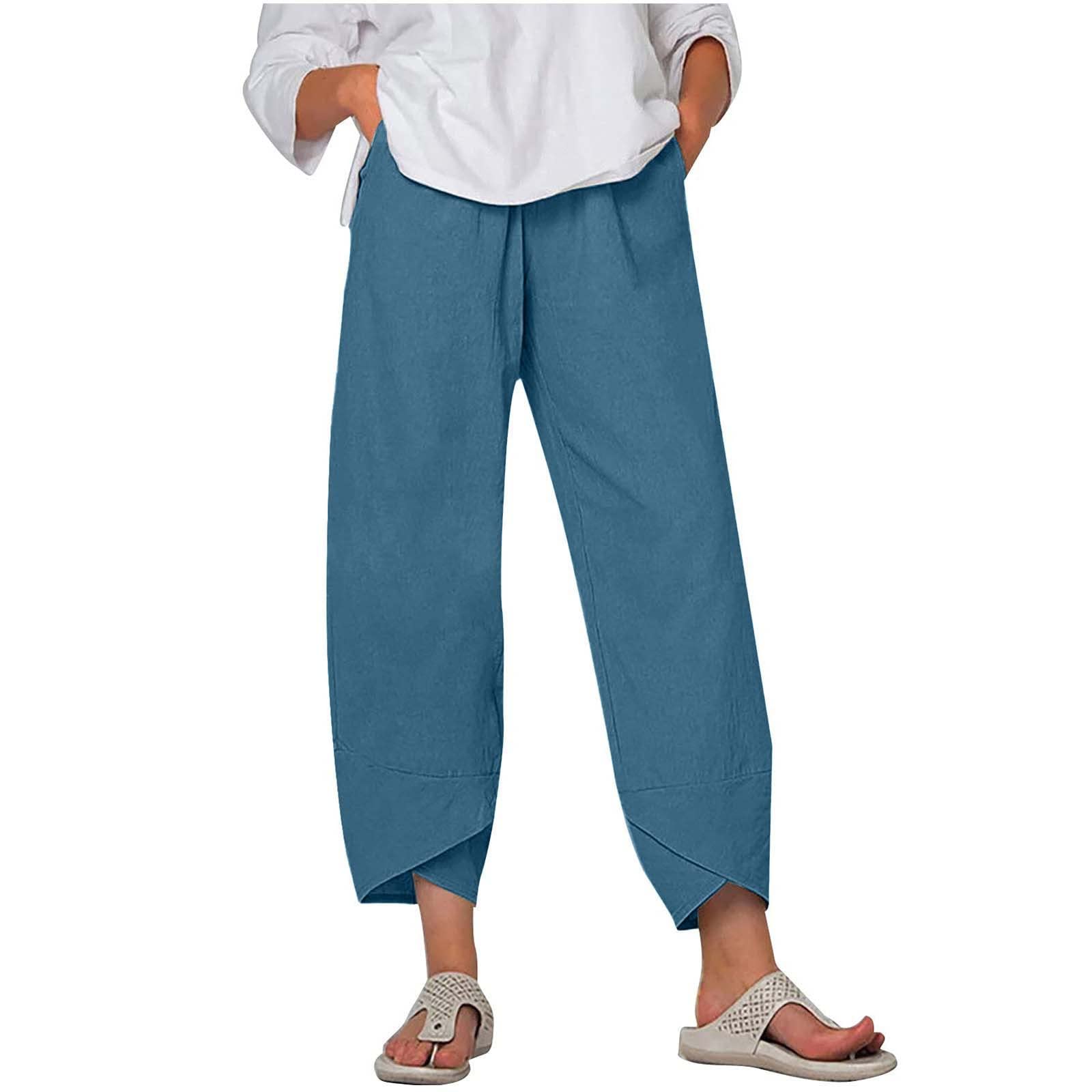 SMIDOWCapri Pants for Women Cotton Linen Wide Leg Capris Casual Summer Cropped Pants Beach Elastic Waist Baggy Crop Trousers